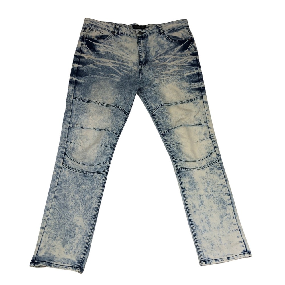 Encrypted Mens 38x30 Moto Acid Wash Jeans Blue White Stretch Denim Urban Skater
